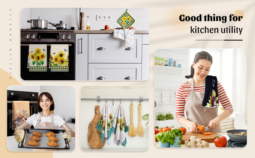 Leinuosen 6 Wild Flower Kitchen Towels Kitchen Decor and Accessories Set Floral Plant Oven Mitts and Pot Holders Sets Farmhouse Absorbent Dish Towels for Cooking Baking Grilling