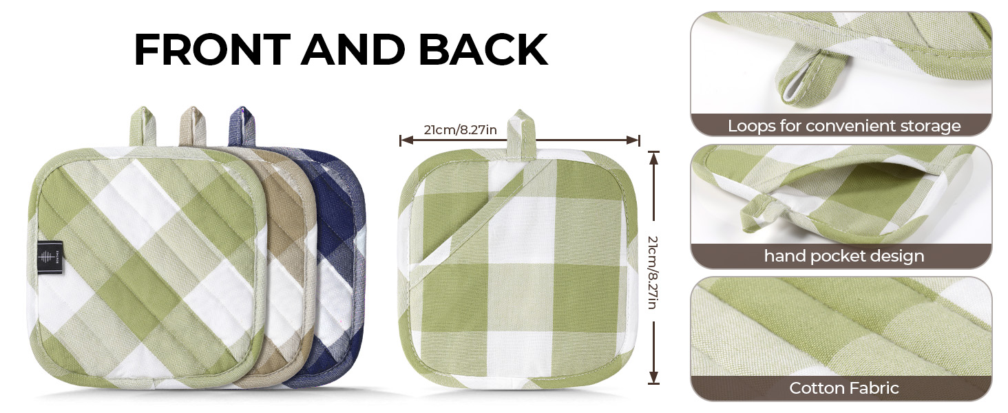 Cotton Pot Holders for Kitchen Heat Resistant Potholder, Hot Pads, Trivet Coaster Non-Slip Potholders Set for Cooking and Baking (2, Light Brown Plaid, Square，8.27 in²)