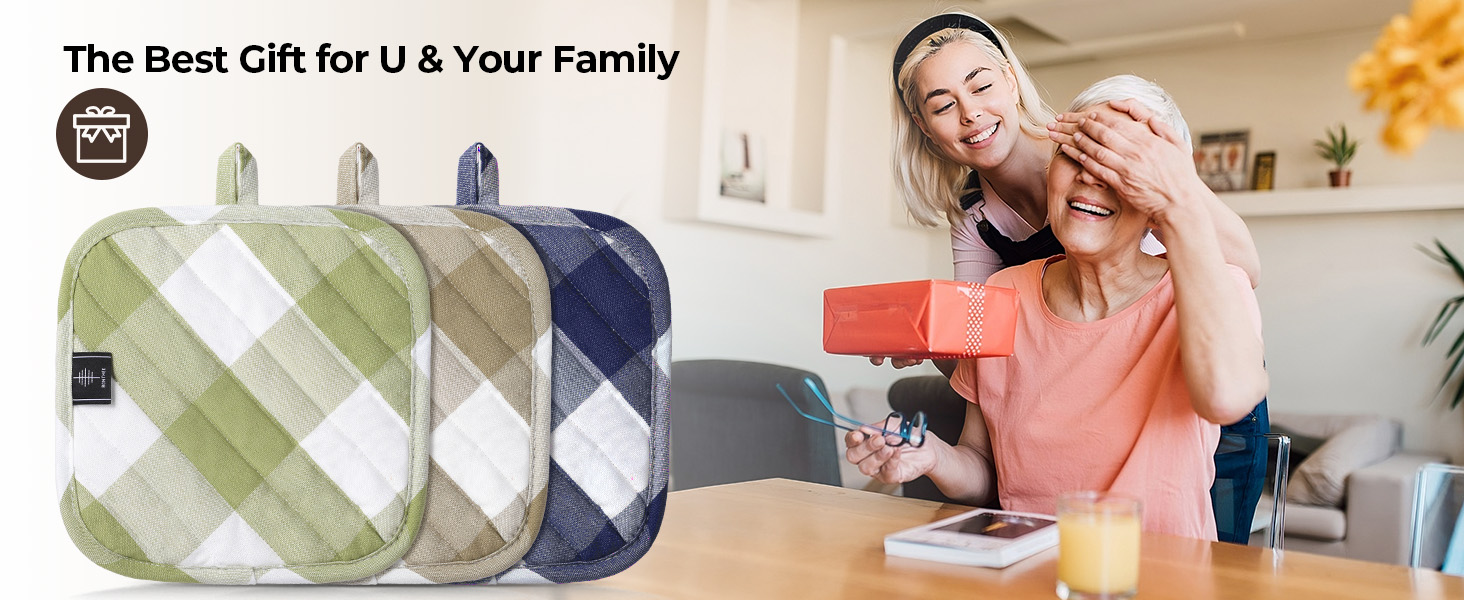 Cotton Pot Holders for Kitchen Heat Resistant Potholder, Hot Pads, Trivet Coaster Non-Slip Potholders Set for Cooking and Baking (2, Light Brown Plaid, Square，8.27 in²)