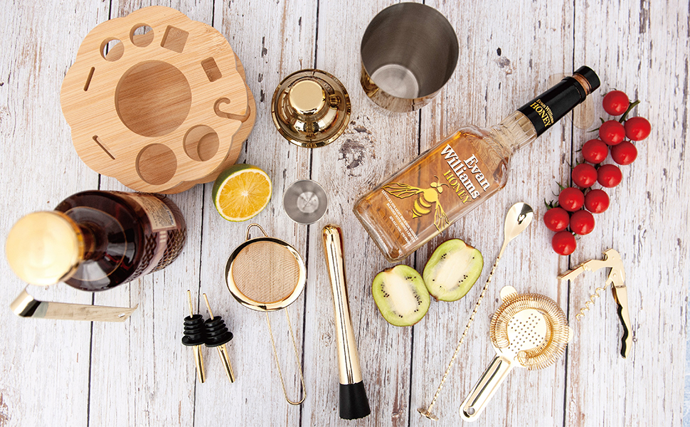 Cocktail Shaker Set Bartender Kit with Rotatble Bamboo Stand,11 Piece Bar Set Stainless Steel Bar Accessories for Drink Mixing, Bar, Home, Party (Gold)