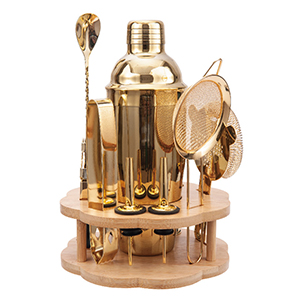 Cocktail Shaker Set Bartender Kit with Rotatble Bamboo Stand,11 Piece Bar Set Stainless Steel Bar Accessories for Drink Mixing, Bar, Home, Party (Gold)