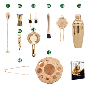 Cocktail Shaker Set Bartender Kit with Rotatble Bamboo Stand,11 Piece Bar Set Stainless Steel Bar Accessories for Drink Mixing, Bar, Home, Party (Gold)
