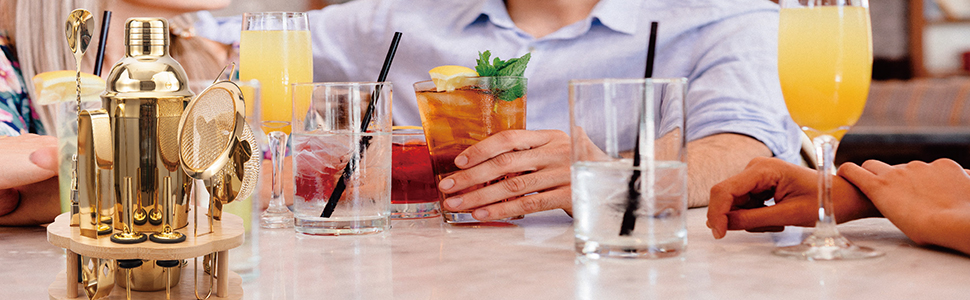 Cocktail Shaker Set Bartender Kit with Rotatble Bamboo Stand,11 Piece Bar Set Stainless Steel Bar Accessories for Drink Mixing, Bar, Home, Party (Gold)