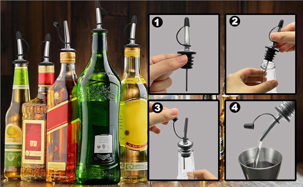 Liquor Bottle Pourers with Rubber Dust Cap 2 Pack Stainless Steel Pour Spouts for Liquor Bottles/Olive Oil Bottles/Alcohol Bottles/Vinegar Bottles
