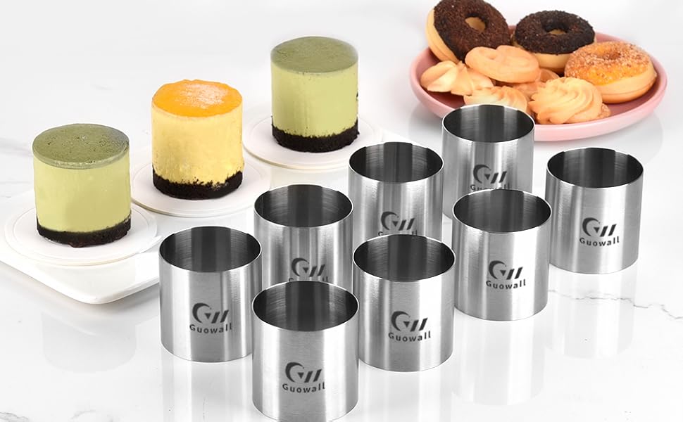 Guowall Cake Ring Mold 8 pcs Mini Mousse Mould Seamless Stainless Steel Cake Cutter Small Size Round Food Pastry Shaping for Baking - 2 inch