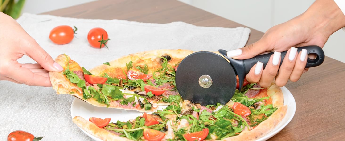 Deiss Lux Heavy Duty Pizza Cutter With Wheel Slicer- Stainless Steel Sharp Smooth Pizza Cutter Wheel With Easy Grip Non-Slip Handle, Dishwasher Safe (BLACK)