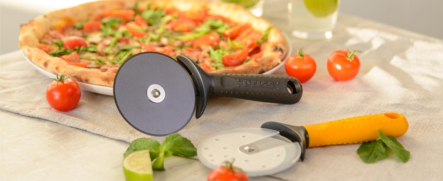 Deiss Lux Heavy Duty Pizza Cutter With Wheel Slicer- Stainless Steel Sharp Smooth Pizza Cutter Wheel With Easy Grip Non-Slip Handle, Dishwasher Safe (BLACK)