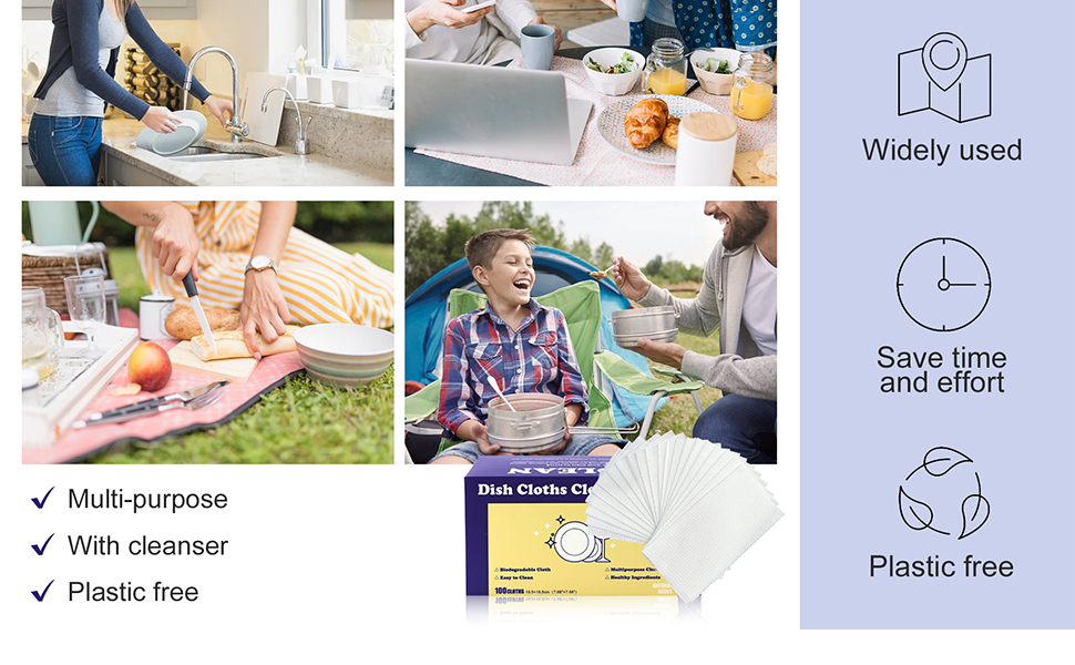 Multi-Surface Dish Cleaning Cloths | Soap Pre-load | Concentrated Plant-Based Cleaning Material | Residue Free, Light Rice Scent | 100 Big Sheets | Perfect for Camping Dormitory Apartment Company