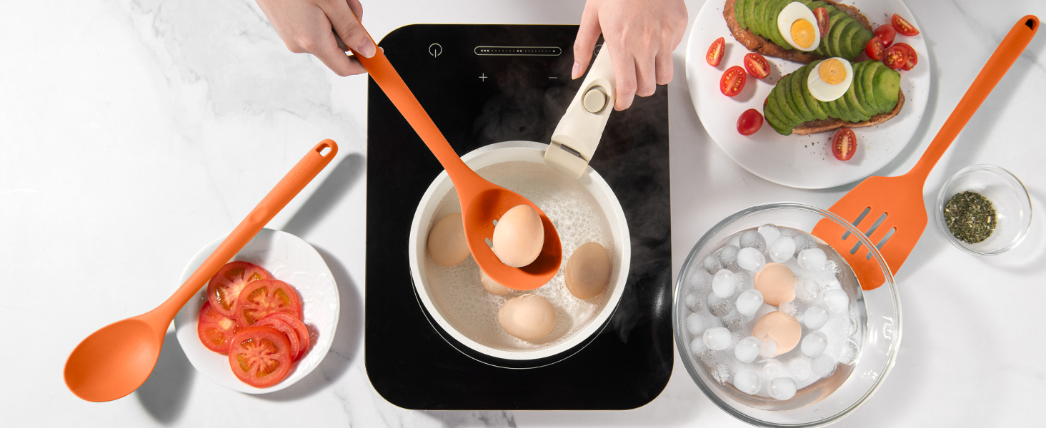 Silicone Kitchen Cooking Utensil Set: U-Taste 600ºF Heat Resistant 13.6in Extra Long Kitchen Tools, Food-Grade Non-Stick Spatula Turner Spoon Ladle for Stir Frying, Serving, Mixing (5 Pieces, Orange)