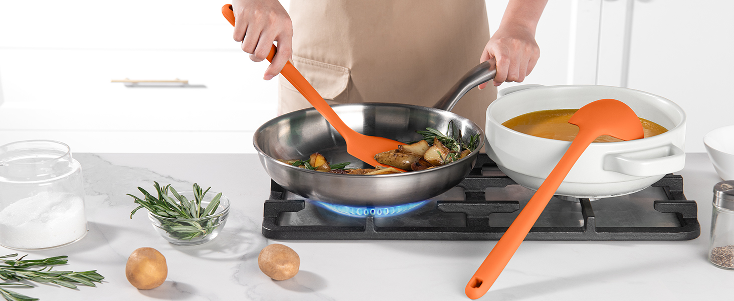 Silicone Kitchen Cooking Utensil Set: U-Taste 600ºF Heat Resistant 13.6in Extra Long Kitchen Tools, Food-Grade Non-Stick Spatula Turner Spoon Ladle for Stir Frying, Serving, Mixing (5 Pieces, Orange)