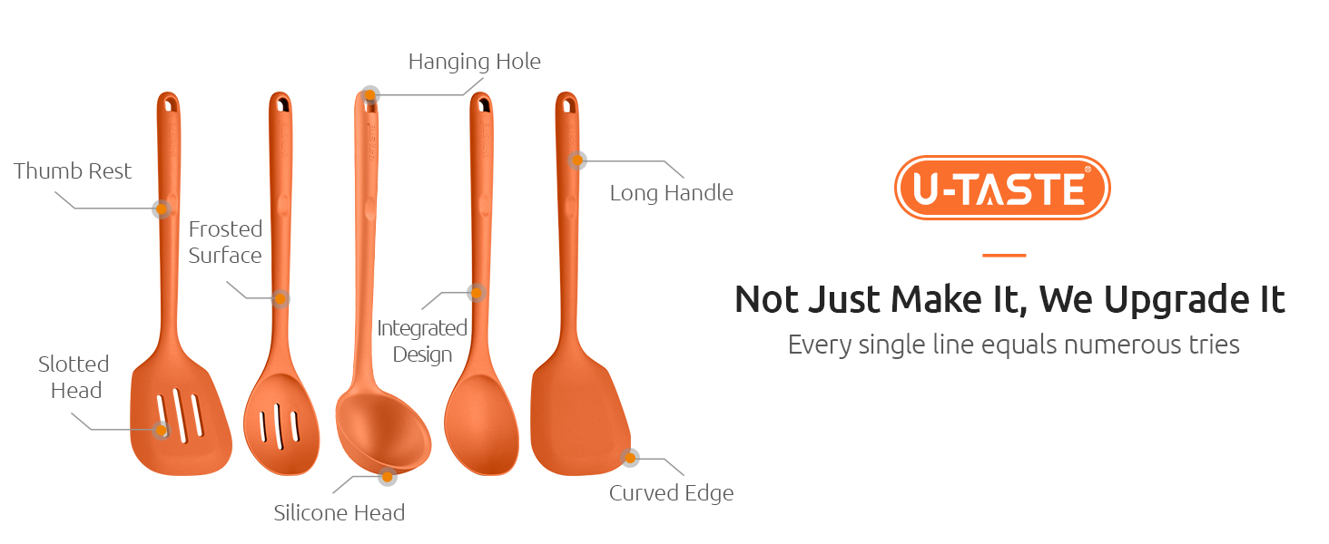 Silicone Kitchen Cooking Utensil Set: U-Taste 600ºF Heat Resistant 13.6in Extra Long Kitchen Tools, Food-Grade Non-Stick Spatula Turner Spoon Ladle for Stir Frying, Serving, Mixing (5 Pieces, Orange)