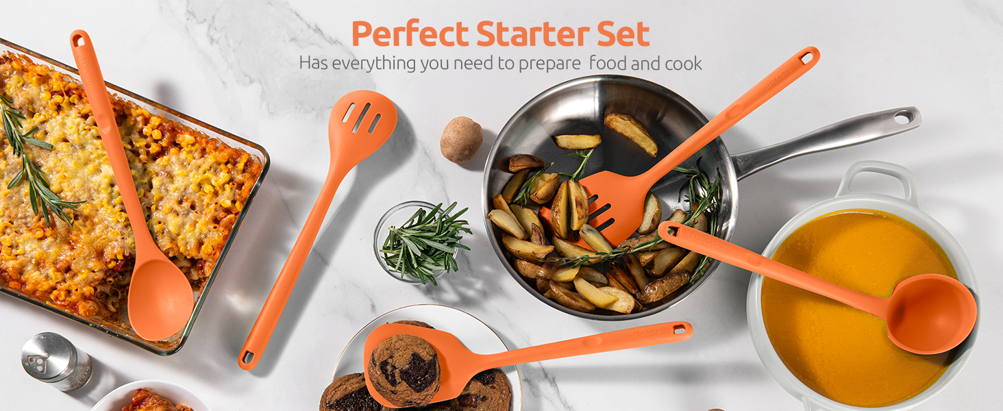 Silicone Kitchen Cooking Utensil Set: U-Taste 600ºF Heat Resistant 13.6in Extra Long Kitchen Tools, Food-Grade Non-Stick Spatula Turner Spoon Ladle for Stir Frying, Serving, Mixing (5 Pieces, Orange)
