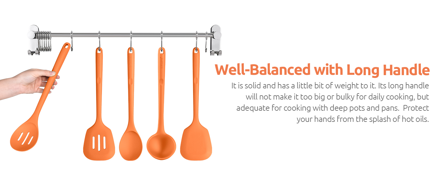 Silicone Kitchen Cooking Utensil Set: U-Taste 600ºF Heat Resistant 13.6in Extra Long Kitchen Tools, Food-Grade Non-Stick Spatula Turner Spoon Ladle for Stir Frying, Serving, Mixing (5 Pieces, Orange)