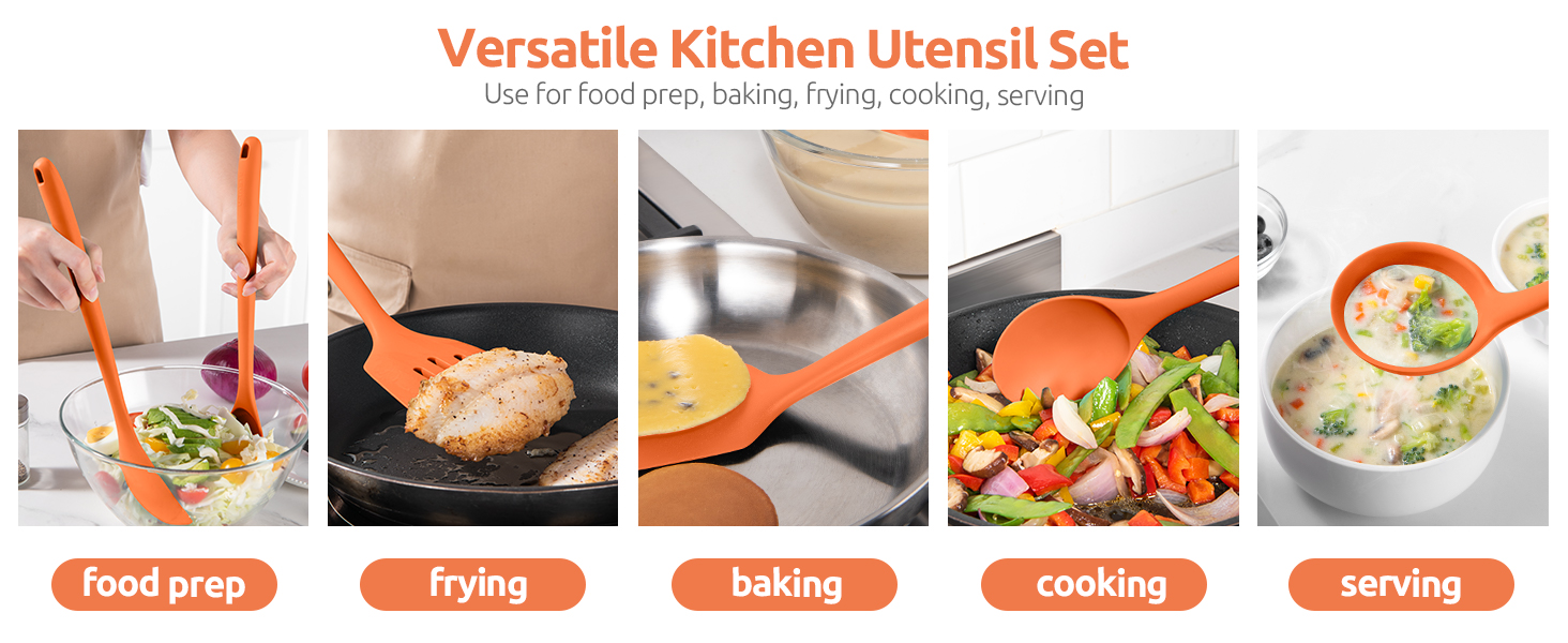 Silicone Kitchen Cooking Utensil Set: U-Taste 600ºF Heat Resistant 13.6in Extra Long Kitchen Tools, Food-Grade Non-Stick Spatula Turner Spoon Ladle for Stir Frying, Serving, Mixing (5 Pieces, Orange)