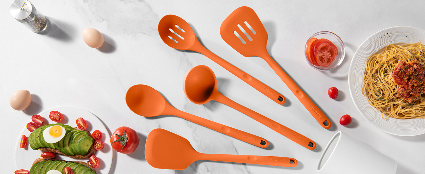 Silicone Kitchen Cooking Utensil Set: U-Taste 600ºF Heat Resistant 13.6in Extra Long Kitchen Tools, Food-Grade Non-Stick Spatula Turner Spoon Ladle for Stir Frying, Serving, Mixing (5 Pieces, Orange)