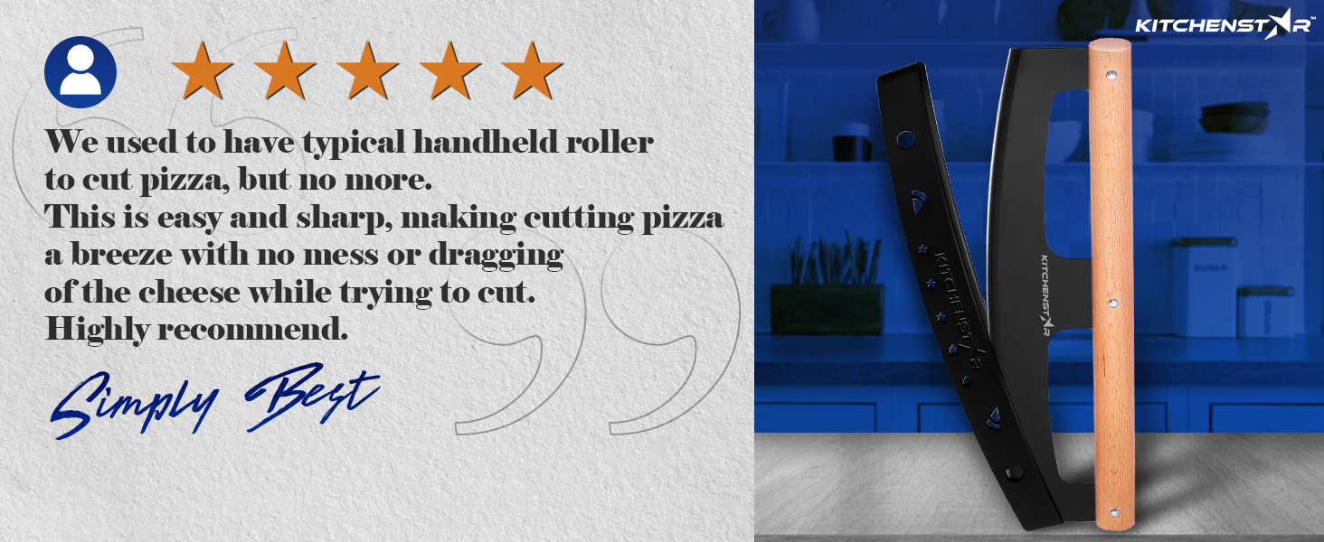 KitchenStar 16-Inch Pizza Cutter Rocker Blade - Razor Sharp Stainless Steel Slicer Knife, Stylish Beech Wood Handle, Protective Cover - Professional Pizza Oven Accessories, Black