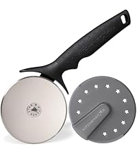 KitchenStar 14-Inch Pizza Cutter Rocker Blade - Razor Sharp Stainless Steel Slicer Knife, Stylish Beech Wood Handle, Protective Cover - Professional Pizza Oven Accessories, Black