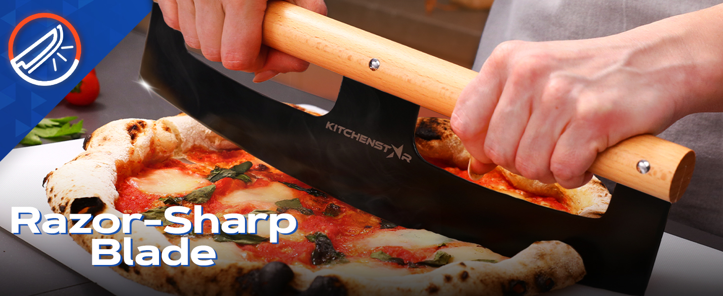 KitchenStar 14-Inch Pizza Cutter Rocker Blade - Razor Sharp Stainless Steel Slicer Knife, Stylish Beech Wood Handle, Protective Cover - Professional Pizza Oven Accessories, Black
