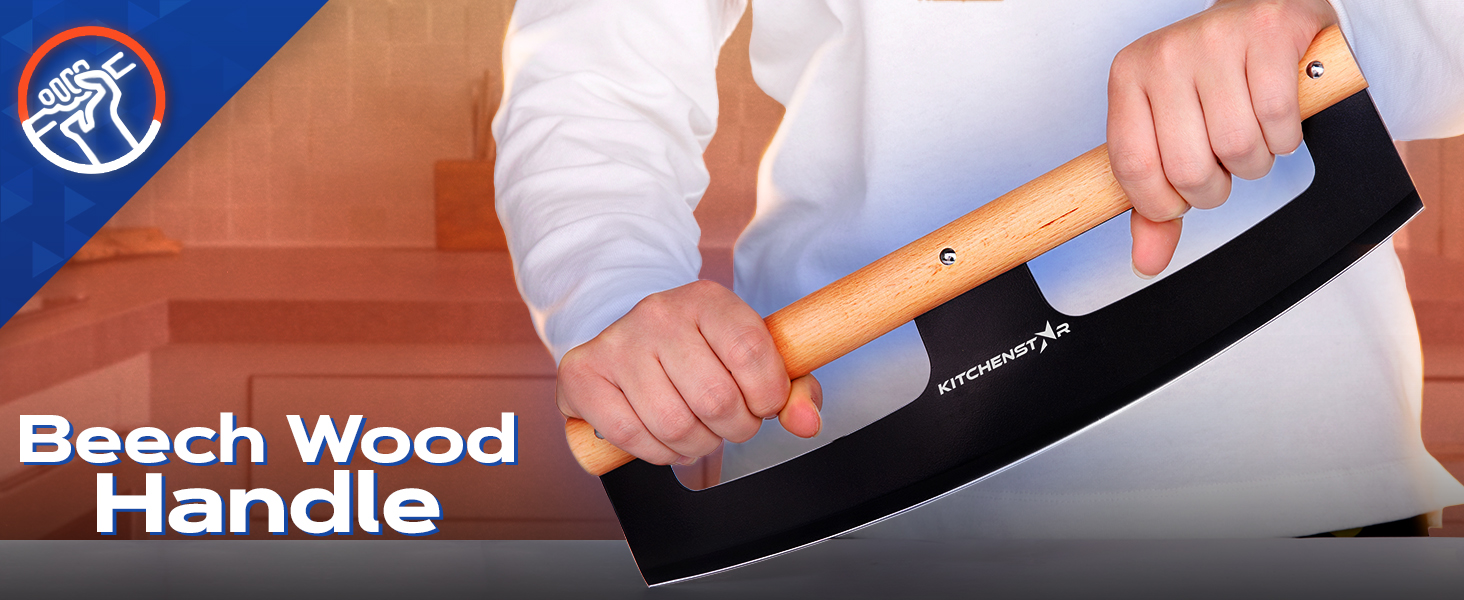 KitchenStar 14-Inch Pizza Cutter Rocker Blade - Razor Sharp Stainless Steel Slicer Knife, Stylish Beech Wood Handle, Protective Cover - Professional Pizza Oven Accessories, Black