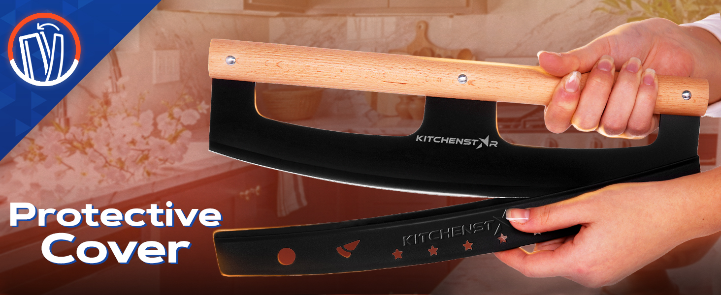 KitchenStar 14-Inch Pizza Cutter Rocker Blade - Razor Sharp Stainless Steel Slicer Knife, Stylish Beech Wood Handle, Protective Cover - Professional Pizza Oven Accessories, Black
