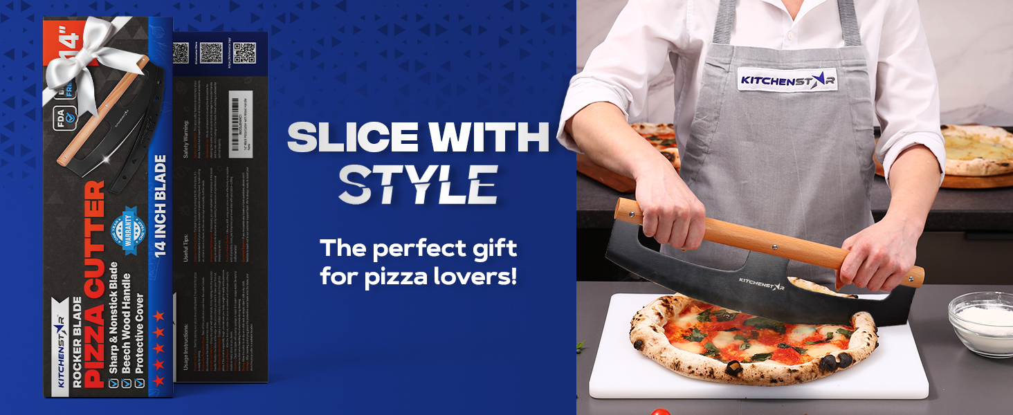 KitchenStar 14-Inch Pizza Cutter Rocker Blade - Razor Sharp Stainless Steel Slicer Knife, Stylish Beech Wood Handle, Protective Cover - Professional Pizza Oven Accessories, Black