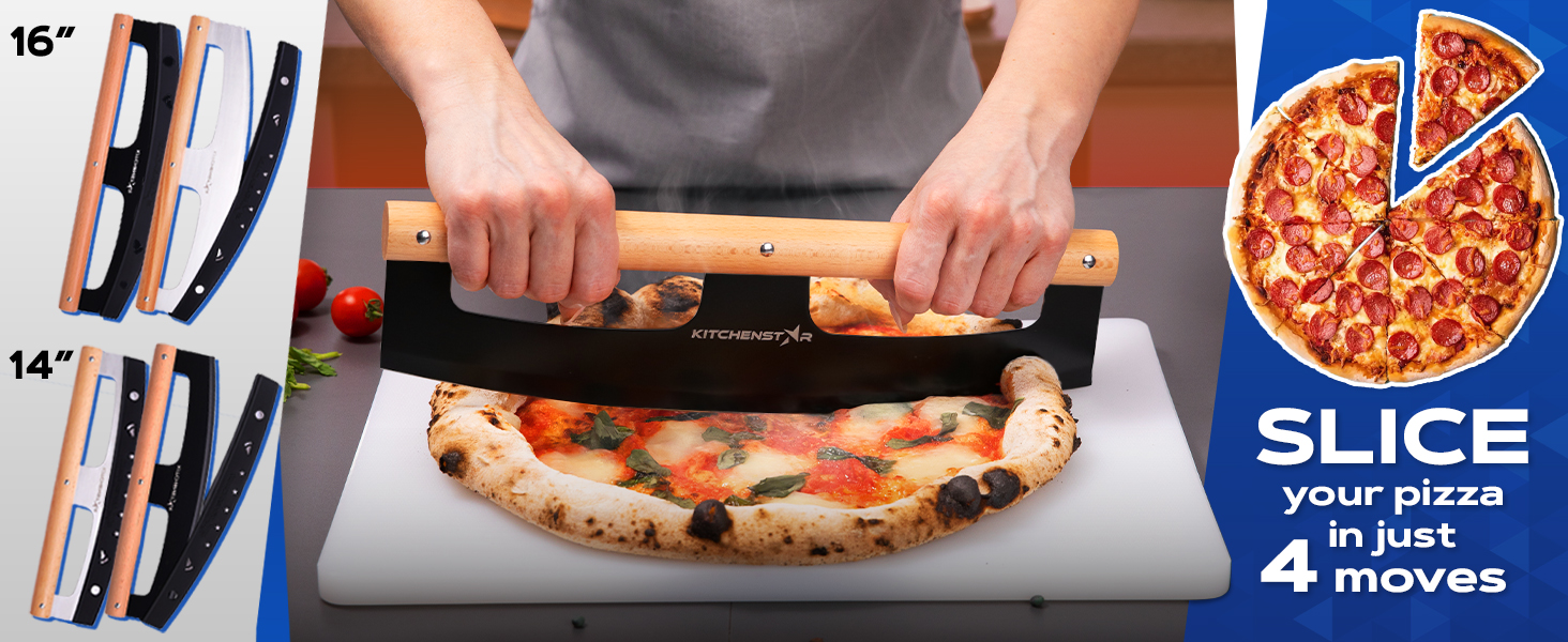 KitchenStar 14-Inch Pizza Cutter Rocker Blade - Razor Sharp Stainless Steel Slicer Knife, Stylish Beech Wood Handle, Protective Cover - Professional Pizza Oven Accessories, Black