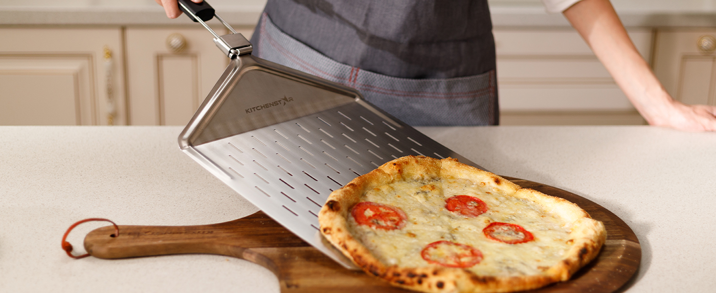 KitchenStar Perforated Pizza Peel 12 inch with 10 inch Folding Handle, Medium - Stainless Steel Spatula Paddle for Effortless Pizza Transfer & Easy Storrage - Outdoor Pizza Oven Accessories