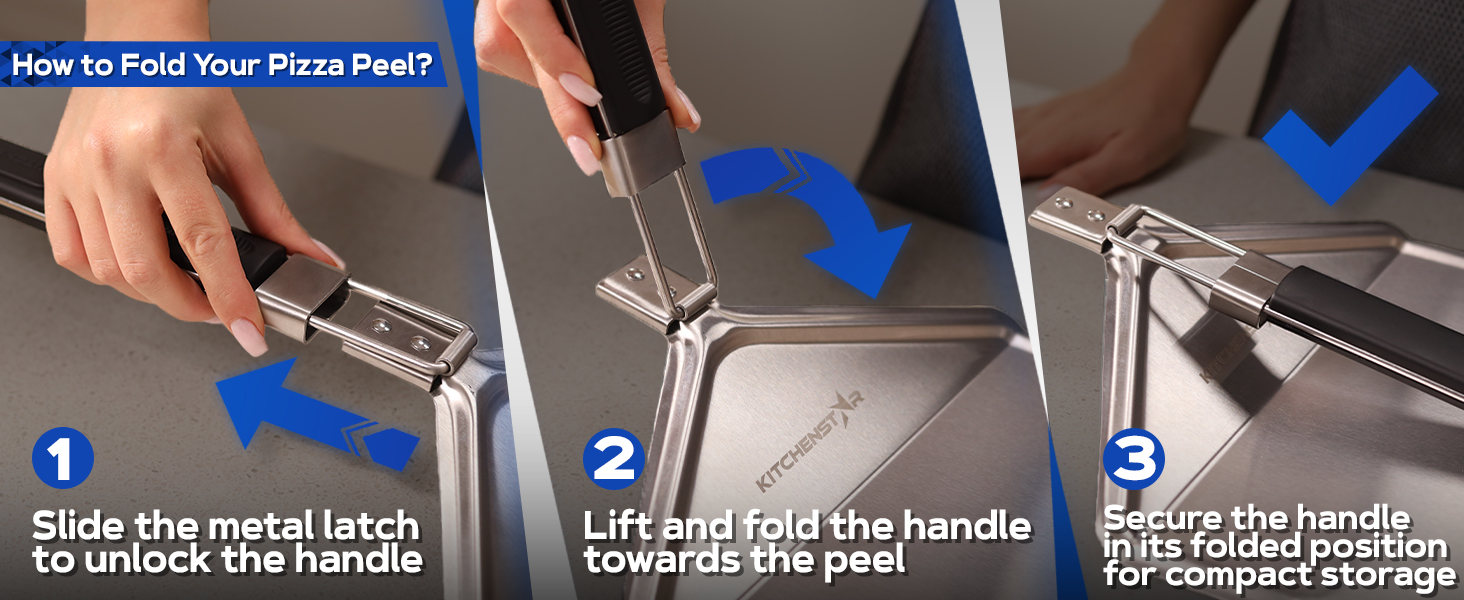 KitchenStar Perforated Pizza Peel 12 inch with 10 inch Folding Handle, Medium - Stainless Steel Spatula Paddle for Effortless Pizza Transfer & Easy Storrage - Outdoor Pizza Oven Accessories