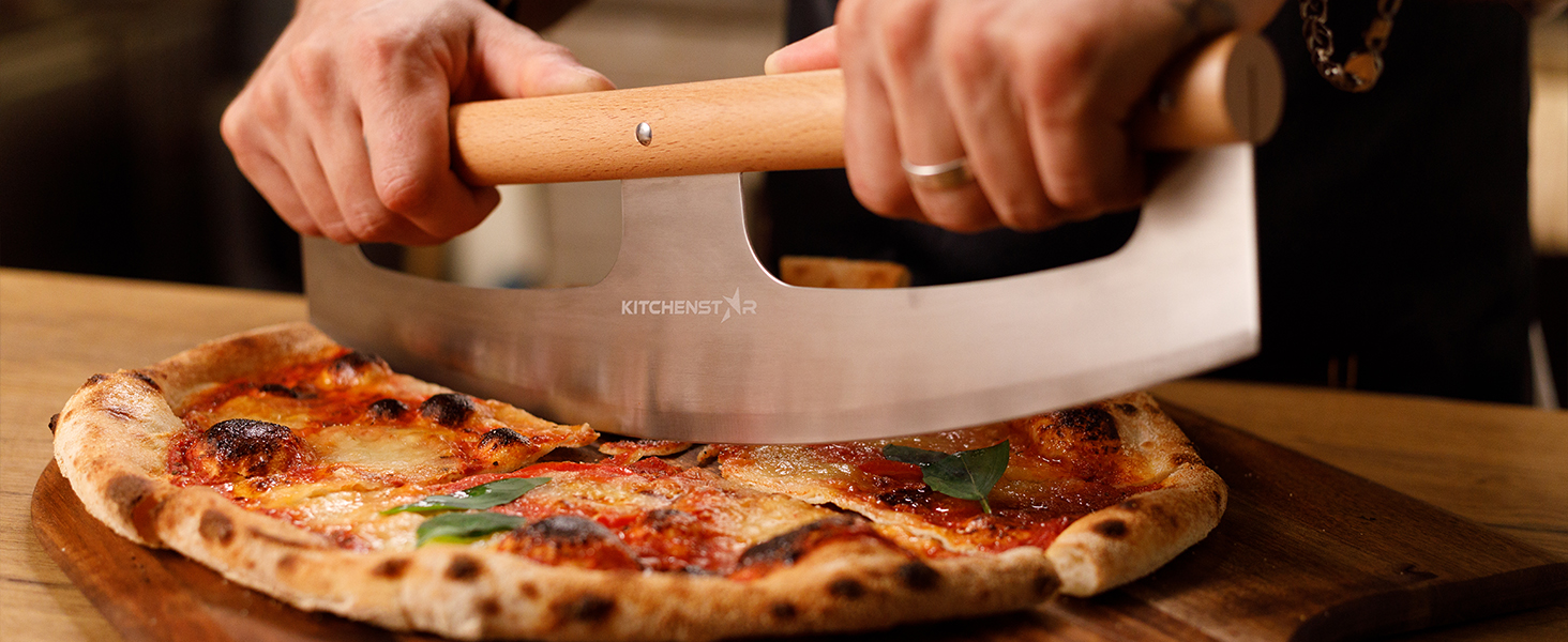 KitchenStar 14-Inch Pizza Cutter Rocker Blade - Razor Sharp Stainless Steel Slicer Knife, Stylish Beech Wood Handle, Protective Cover - Professional Pizza Oven Accessories, Silver