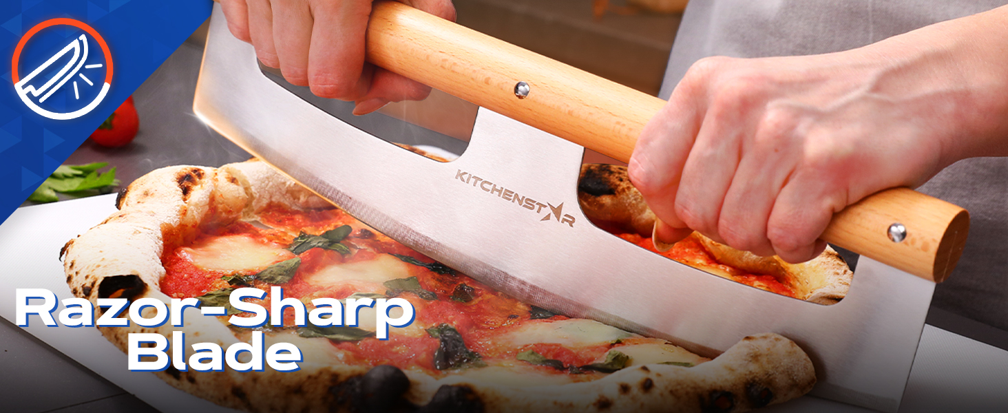 KitchenStar 14-Inch Pizza Cutter Rocker Blade - Razor Sharp Stainless Steel Slicer Knife, Stylish Beech Wood Handle, Protective Cover - Professional Pizza Oven Accessories, Silver