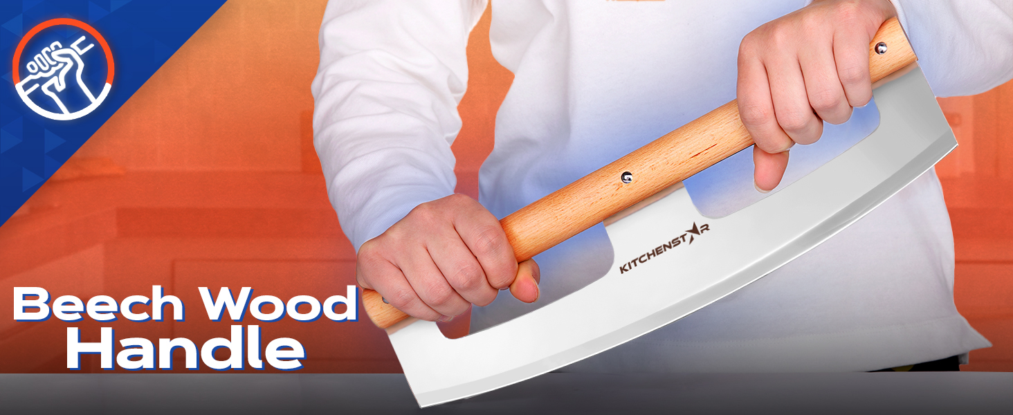 KitchenStar 14-Inch Pizza Cutter Rocker Blade - Razor Sharp Stainless Steel Slicer Knife, Stylish Beech Wood Handle, Protective Cover - Professional Pizza Oven Accessories, Silver