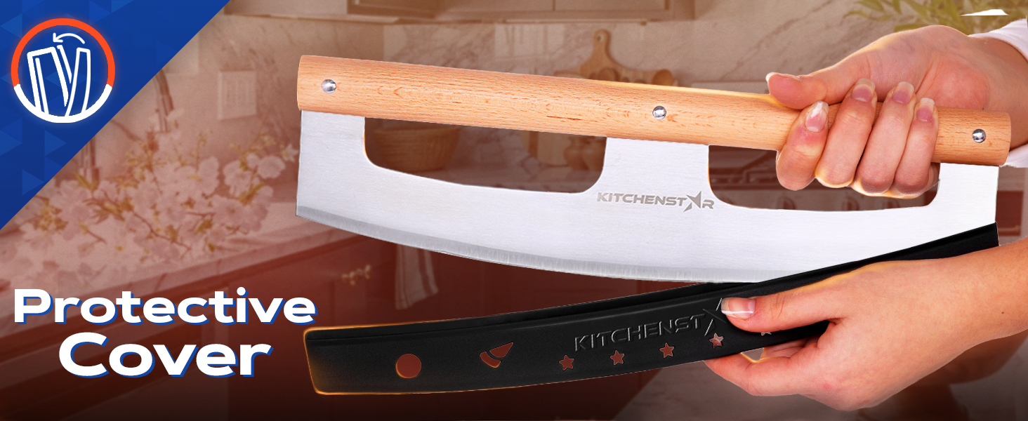 KitchenStar 14-Inch Pizza Cutter Rocker Blade - Razor Sharp Stainless Steel Slicer Knife, Stylish Beech Wood Handle, Protective Cover - Professional Pizza Oven Accessories, Silver