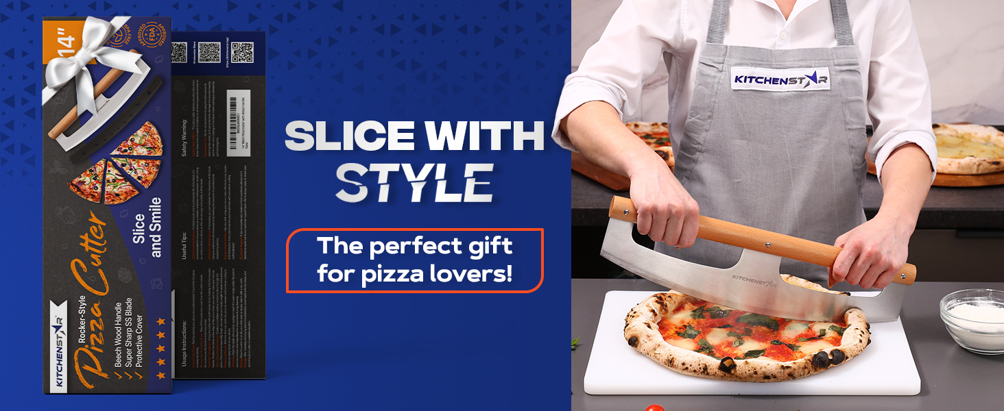KitchenStar 14-Inch Pizza Cutter Rocker Blade - Razor Sharp Stainless Steel Slicer Knife, Stylish Beech Wood Handle, Protective Cover - Professional Pizza Oven Accessories, Silver