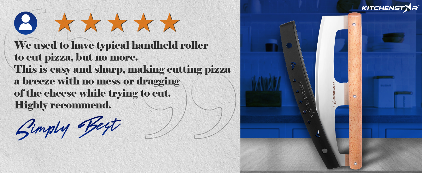 KitchenStar 14-Inch Pizza Cutter Rocker Blade - Razor Sharp Stainless Steel Slicer Knife, Stylish Beech Wood Handle, Protective Cover - Professional Pizza Oven Accessories, Silver