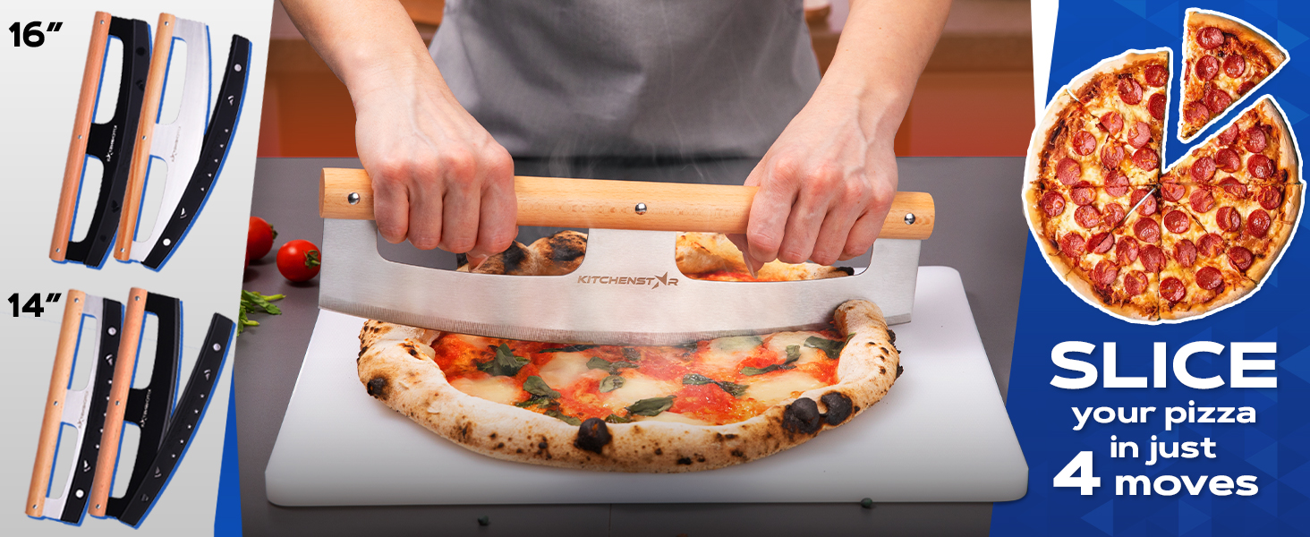 KitchenStar 14-Inch Pizza Cutter Rocker Blade - Razor Sharp Stainless Steel Slicer Knife, Stylish Beech Wood Handle, Protective Cover - Professional Pizza Oven Accessories, Silver