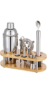 Cocktail Shaker Set Bartender Kit : 12-Piece Bar Tool Set with Bamboo Stand | Bars Set with All Practical Bar Accessories, for Drink Mixing, Bar, Home, Lounge & Party (Gold)