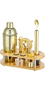 Cocktail Shaker Set Bartender Kit : 12-Piece Bar Tool Set with Bamboo Stand | Bars Set with All Practical Bar Accessories, for Drink Mixing, Bar, Home, Lounge & Party (Gold)