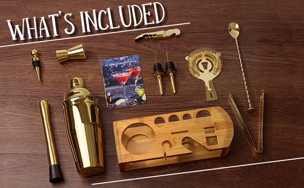 Cocktail Shaker Set Bartender Kit : 12-Piece Bar Tool Set with Bamboo Stand | Bars Set with All Practical Bar Accessories, for Drink Mixing, Bar, Home, Lounge & Party (Gold)