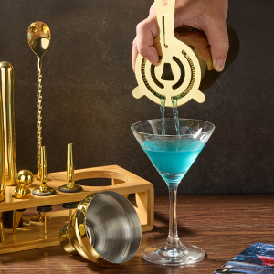 Cocktail Shaker Set Bartender Kit : 12-Piece Bar Tool Set with Bamboo Stand | Bars Set with All Practical Bar Accessories, for Drink Mixing, Bar, Home, Lounge & Party (Gold)