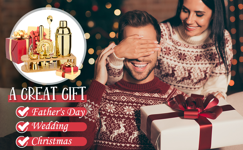 Cocktail Shaker Set Bartender Kit : 12-Piece Bar Tool Set with Bamboo Stand | Bars Set with All Practical Bar Accessories, for Drink Mixing, Bar, Home, Lounge & Party (Gold)