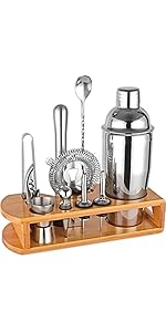 Cocktail Shaker Set Bartender Kit : 12-Piece Bar Tool Set with Bamboo Stand | Bars Set with All Practical Bar Accessories, for Drink Mixing, Bar, Home, Lounge & Party (Gold)