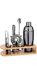 Cocktail Shaker Set Bartender Kit : 12-Piece Bar Tool Set with Bamboo Stand | Bars Set with All Practical Bar Accessories, for Drink Mixing, Bar, Home, Lounge & Party (Gold)