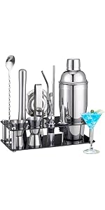 Cocktail Shaker Set Bartender Kit : 12-Piece Bar Tool Set with Bamboo Stand | Bars Set with All Practical Bar Accessories, for Drink Mixing, Bar, Home, Lounge & Party (Gold)