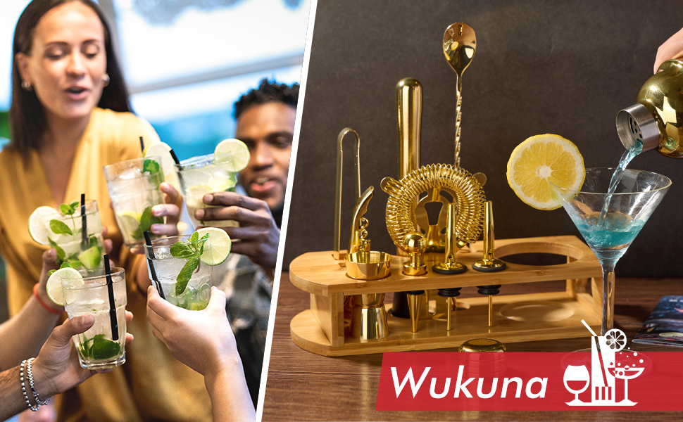 Cocktail Shaker Set Bartender Kit : 12-Piece Bar Tool Set with Bamboo Stand | Bars Set with All Practical Bar Accessories, for Drink Mixing, Bar, Home, Lounge & Party (Gold)