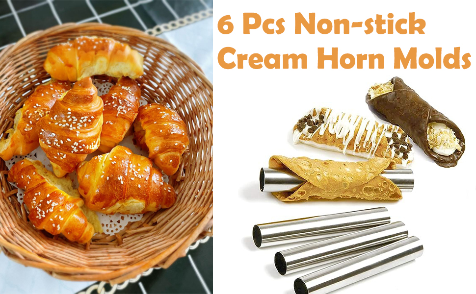 6 Pcs Non-stick Cream Horn Molds Stainless Steel, 4.92 inch Large Size Cannoli Tubes Kit Baking Cones Pastry Roll Horn Croissant Mold for Christmas Anniversary and Daily Use