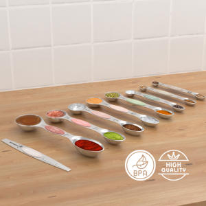 Magnetic Measuring Spoons Set - Stainless Steel, Double Ended, Stackable & Nested Design for Dry and Liquid Ingredients, Ideal for Spice Jars, 9-Piece Set with Leveler (Country Chic)