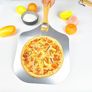 Pizza Peel 12 x 14inches, Pizza Paddle Pizza Spatula Shovel Pizza Cutter, Pizza Peel with Foldable Wood Handle, Aluminum Pizza Turner Peel Tools Making Accessories for Baking Pizza Bread