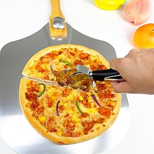 Pizza Peel 12 x 14inches, Pizza Paddle Pizza Spatula Shovel Pizza Cutter, Pizza Peel with Foldable Wood Handle, Aluminum Pizza Turner Peel Tools Making Accessories for Baking Pizza Bread