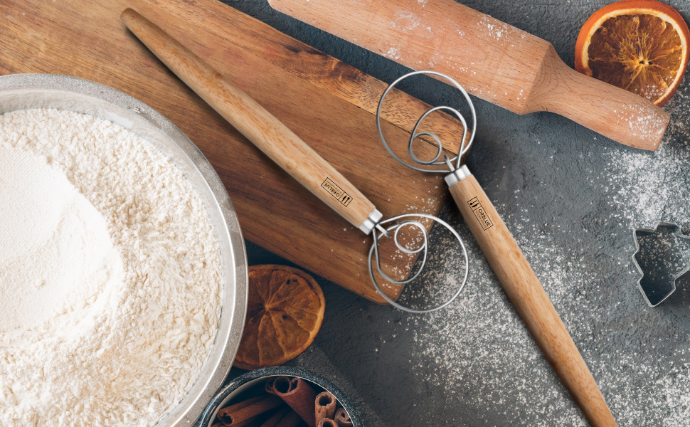 ORBLUE Premium Danish Dough Whisk - Dutch Whisk with Stainless Steel Ring - Danish Whisk for Bread, Pastry or Pizza Dough, 13-inch 1-PACK