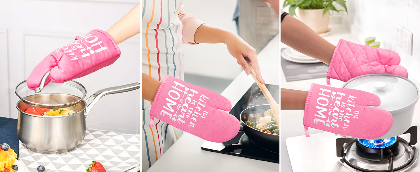 GROBRO7 6Pcs Funny Oven Mitts Pot Holders The Kitchen is The Heart of The Home Heat Resistant Hot Pad Machine Washable Gloves with Hanging Loop Pocket Hot Pad for Baking Cooking Pink